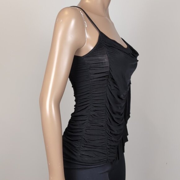Guess Ruffled Cami Tank Top Black Ruched Asymmetric Party Cowl Neck Size XS - Picture 10 of 12